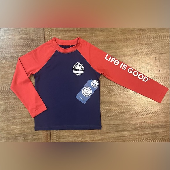 BOYS/GIRLS Life is Good Logo long sleeve rash/sun guard UPF50 RED/BLUE Sz: 6 NWT - Picture 12 of 12